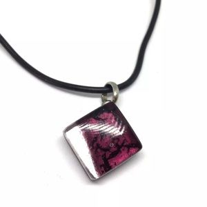 Murano Lampwork Glass Pendant Necklace Cube Purple